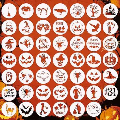 48 Pieces Halloween Stencils for Painting, 6 Inch Reusable Plastic Halloween Pumpkin Painting Stencils Ghost Bat Witch Spider Pumpkin for Crafts Pumpkin Carving Wood DIY Wall Art Halloween Decoration