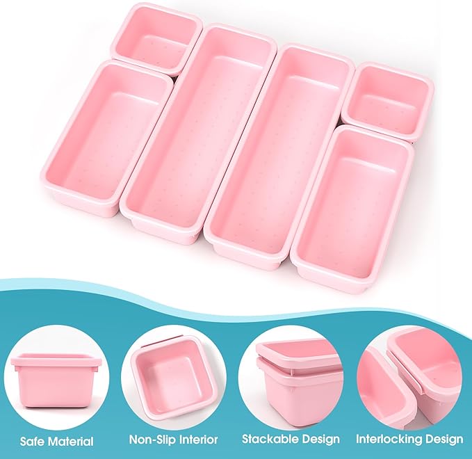6 PCS Drawer Organizer Set, 3 Size Makeup Drawer Divider Organizer With Non-Slip Pads, Interlocking Plastic Storage Bins for Office,Jewelry Vanity,Gadgets, Bathroom,Kitchen, Pink