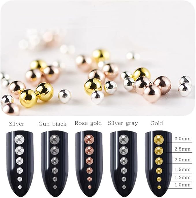 0.8mm Mini Small Nail Beads Stainless Steel Beads Black Nail Charms Nails Art Decorations Gun Grey Rose Gold Caviar Nail Charms DIY Tool Nail Studs Accessories Caviar Tips for Manicure (Black)