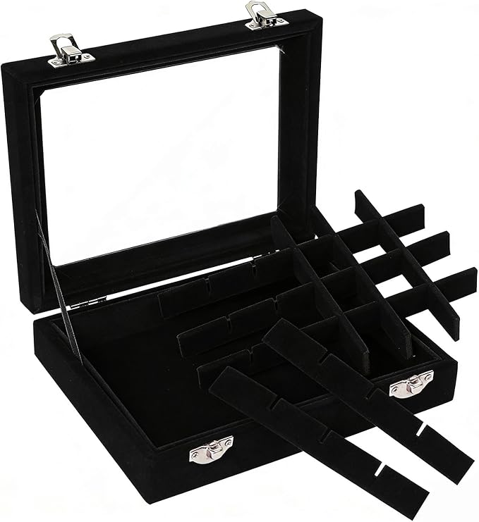 Velvet Jewelry Box 24 Grid Jewelry Earrings Display Organiser Box Ring Tray Holder Earrings Storage Case for Girls Women Wife Mom (Black)
