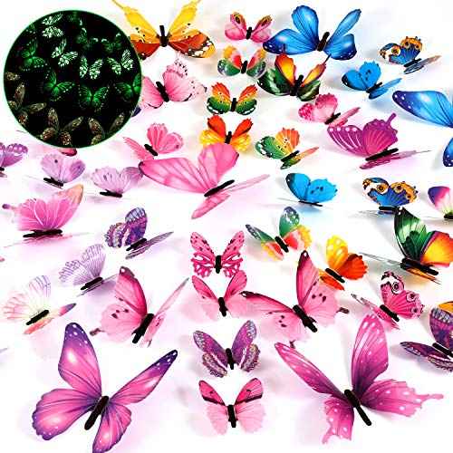 Outus 96 Pcs 3D Butterfly Wall Decor Glow in The Dark Butterfly Wall Decals Stickers Removable Stickers DIY Art Crafts Decor for Ceiling Bedroom Home Garden Party Decorations(Pink, Purple, Mixed)