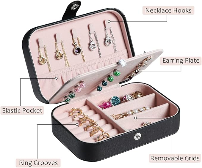 Hatori Travel Jewelry Box, PU Leather Small Jewelry Organizer for Women Girls, Portable Mini Travel Case Display Storage Holder Boxes for Stud Earrings, Rings, Necklaces, Bracelets (Black Beige)