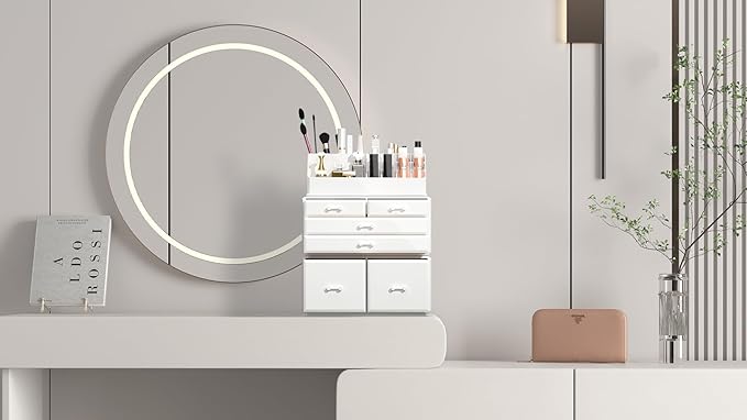 READAEER Makeup Organizer 3 Pieces Cosmetic Storage Case with 6 Drawers (White)