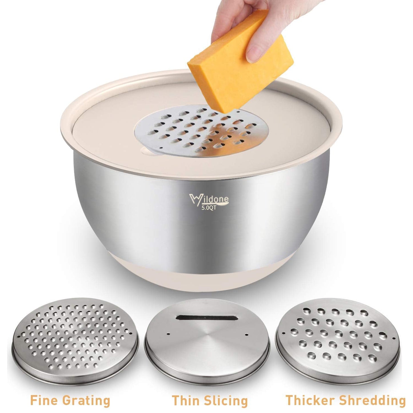 Wildone Mixing Bowls with Airtight Lids Set, 5PCS Stainless Steel Khaki Nesting Bowls for Kitchen, with Grater Attachments & Non-Slip Bottoms, Size 5, 3, 2, 1.5, 0.63 QT, Great for Mixing & Serving