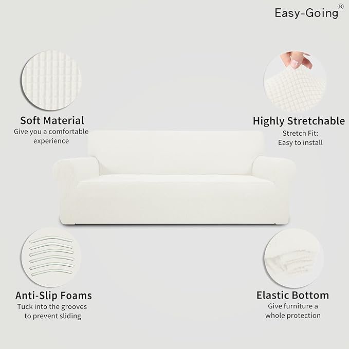 Easy-Going Stretch 4 Seater Sofa Slipcover 1-Piece Sofa Cover Furniture Protector Couch Soft with Elastic Bottom for Kids, Polyester Spandex Jacquard Fabric Small Checks Cream