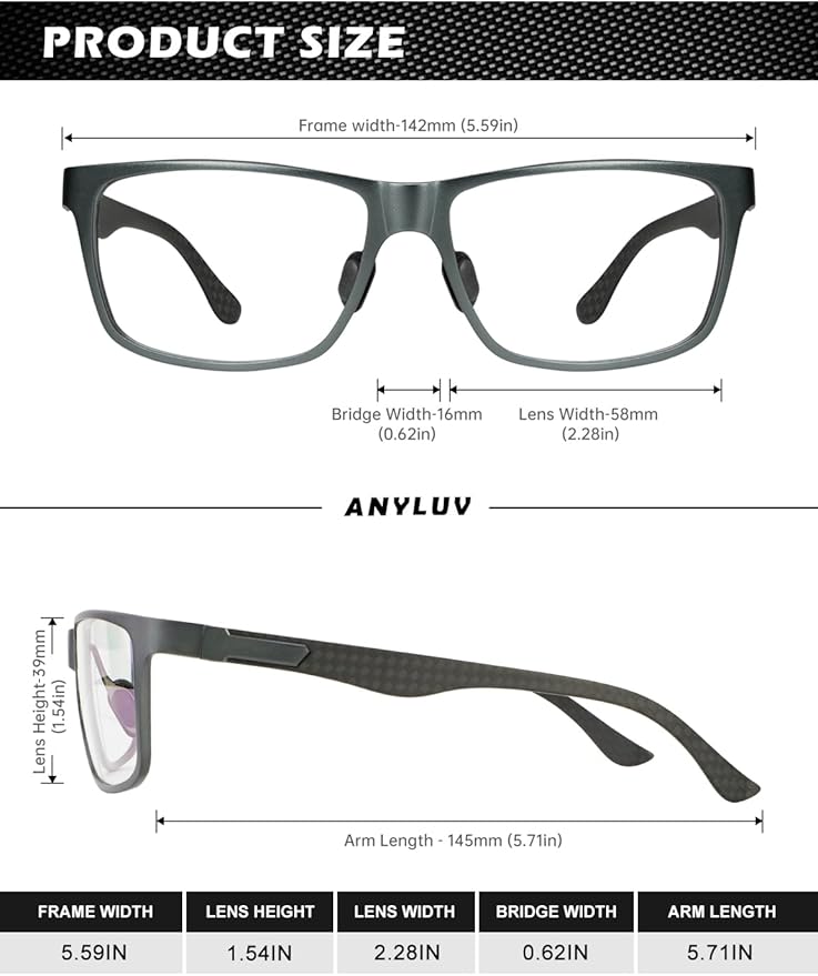 ANYLUV Carbon Fiber Reading Glasses for Men Women, Blue Light Blocking Computer Readers, Anti Glare Spring Hinge