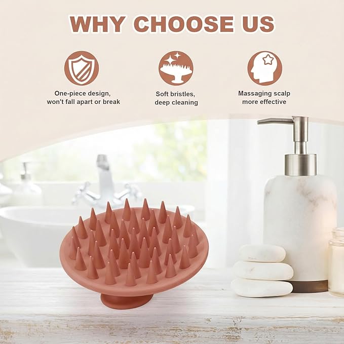 Silicone Scalp Massager Shampoo Brush, Scalp Brush for Hair Growth & Dandruff Removal, Hair Scrubber Scalp Stimulator Exfoliator Brush with Soft Bristles for Wet Dry Scalp Care (Brown)