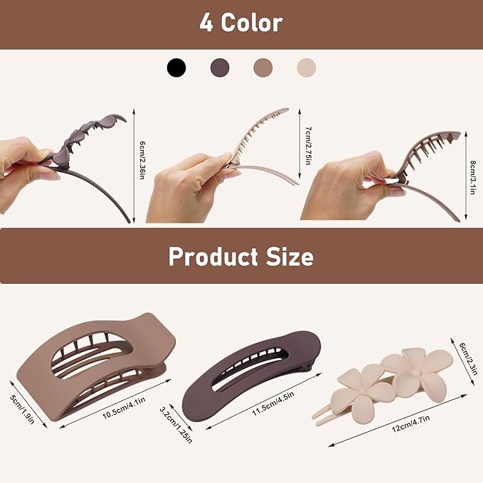 12 Pack Flat Hair Clips for Women – Matte Neutral Square Claw Clips, Flat Barrettes & Flower Pins in Black, Blonde,Light Brown & Dark Brown, Soft Touch Hair Accessories for Thick & Thin Hair