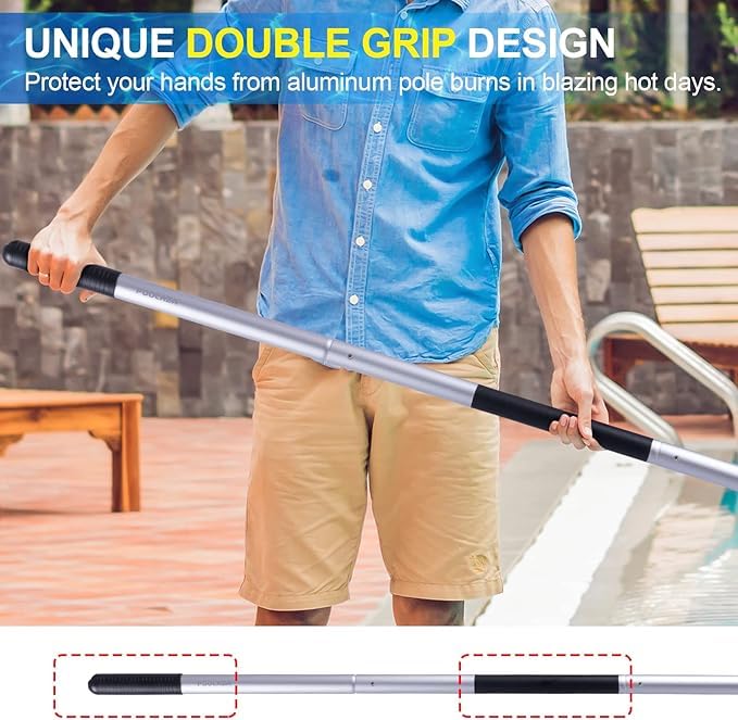POOLAZA Pool Pole Dual-Handle, Anodized Aluminum Pool Skimmer Pole, Detachable & Telescopic Pool Pole Up to 10.5 Ft, Portble Pool Poles for Cleaning Suitable for Pool Skimmer, Vacuum Head, Brush Etc.