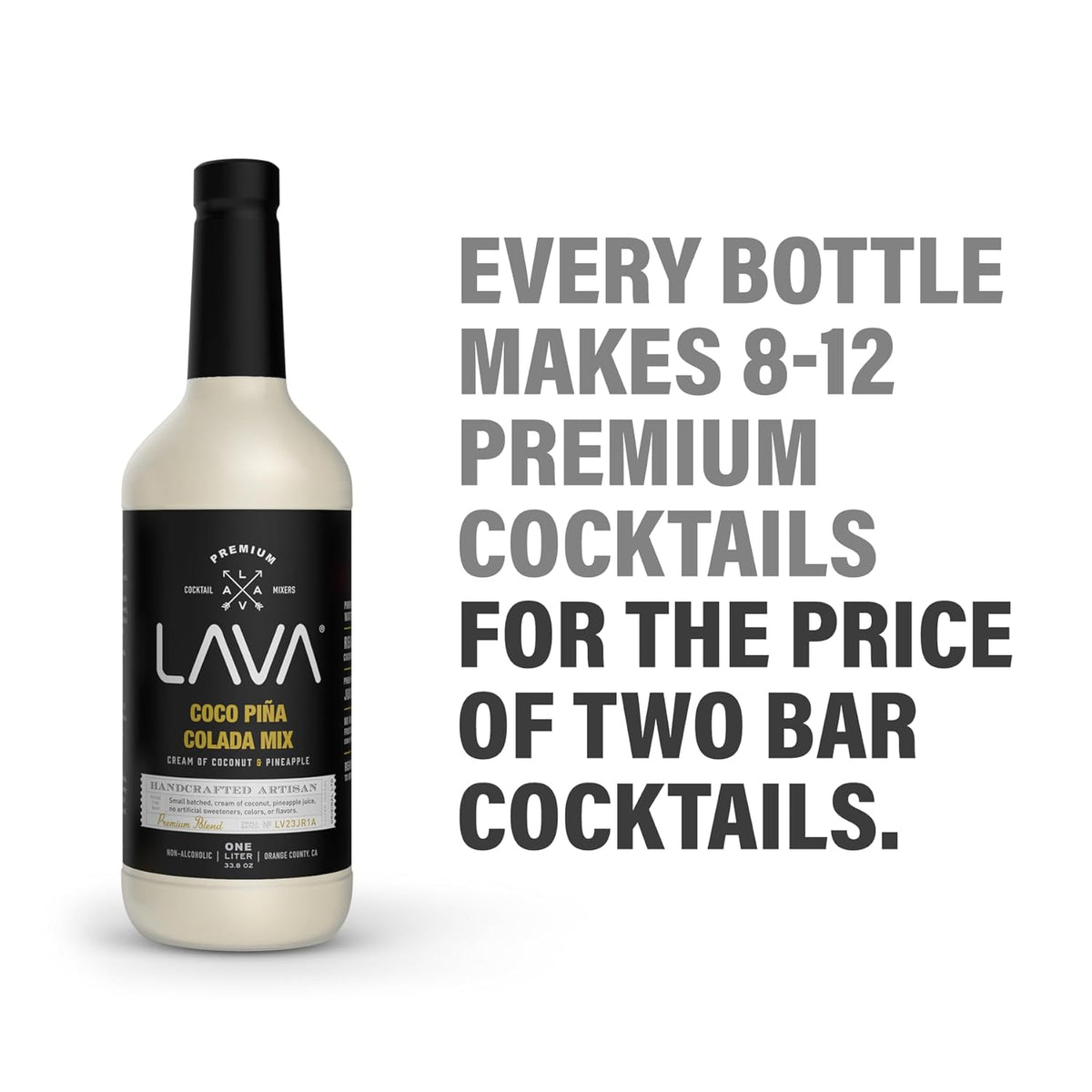 (3 Pack) LAVA Premium Coco Pina Colada Made with Cream of Coconut and Real Pineapple, No Artificial Sweeteners or Flavors, 1-Liter (33.8oz) Glass Bottle.