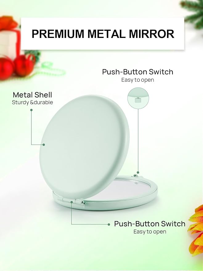 Compact Mirror for Purse, Set of 2 Double-Sided 1X/2X Magnifying Metal Pocket Makeup Mirrors(Round, Cyan)