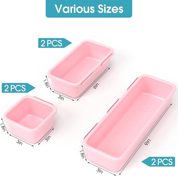 6 PCS Drawer Organizer Set, 3 Size Makeup Drawer Divider Organizer With Non-Slip Pads, Interlocking Plastic Storage Bins for Office,Jewelry Vanity,Gadgets, Bathroom,Kitchen, Pink