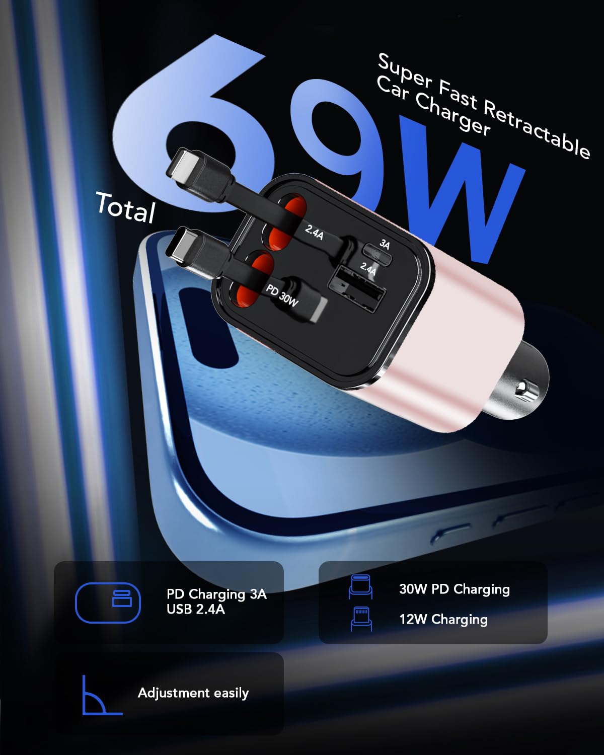 Retractable Car Charger Adapter for iPhone 17,4 in 1 Fast Charging Car Phone Charger,69W USB C Car Truck Accessories,Road Trip Essentials Gift for Men Women for iPhone 17 Pro Max/16/15/14/13/12,Galaxy
