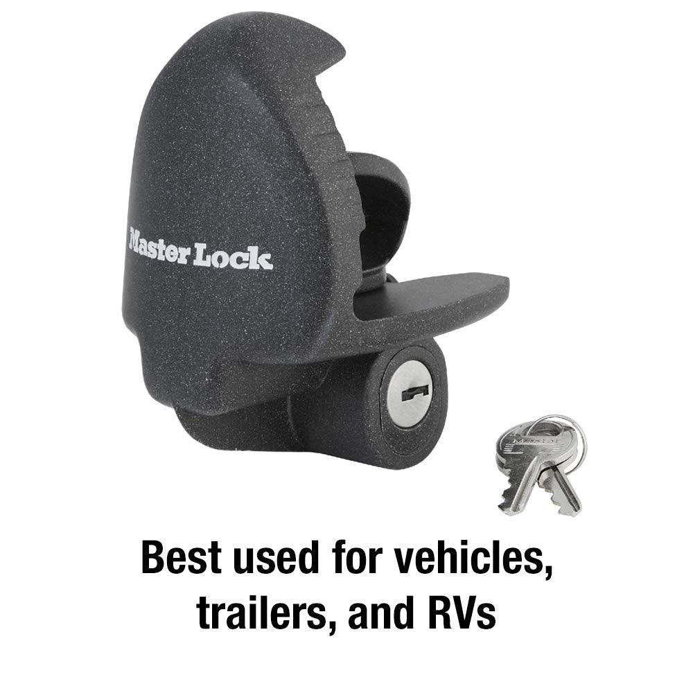 Master Lock Black Universal Size Trailer Hitch Lock, Trailer Coupler Lock for Securing RV’s, Horse Trailers, Tool Trailers and More, 379ATPY