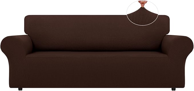 LURKA Stretch Sofa Slipcovers 1 Piece Couch Covers for 3 Cushion Couch Sofa Furniture Protector Full Sofa Covers with Elastic Bottom for Kids and Dog (Large, Chocolate)