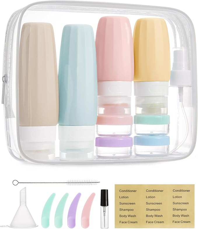 BAGSMART 18 Pack TSA Approved Travel Bottles for Toiletries, Leak Proof Silicone Travel Size Containers Bottles for Shampoo, Soft Pastel