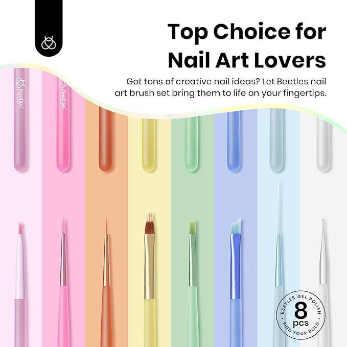 Beetles Nail Art Brushes Set for Gel Polish 8 Pcs - Nail Art Design Pen Fingernail Painting Dotting Tool, Liner Gradient Clean Up Brush DIY with Palette Rainbow Pastel Pen Set Manicure Kit