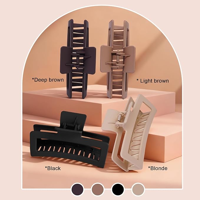 5 Inch XL Jumbo Claw Clips for Thick and Long Hair, 4-Pack Oversized Matte Rectangle Hair Clips for Women, Strong Hold Non-Slip Jaw Clips, Neutral Shades