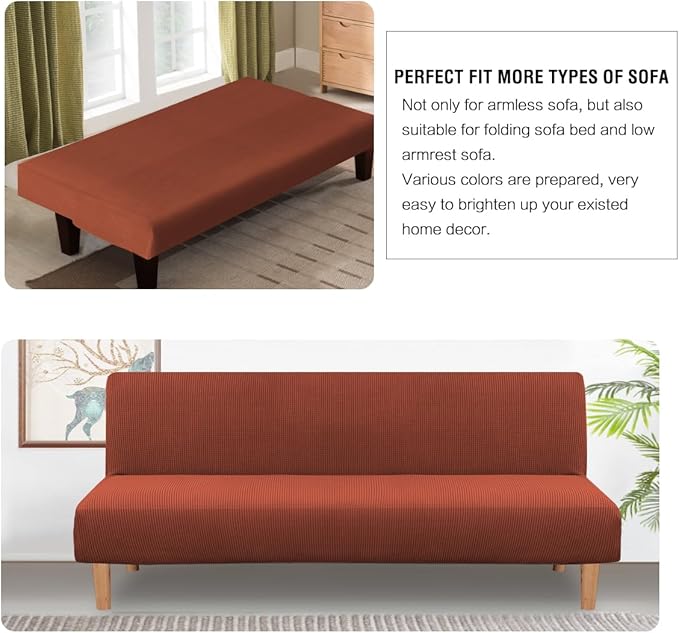 H.VERSAILTEX Armless Futon Cover Stretch Sofa Bed Slipcover Protector Elastic Feature Rich Textured High Spandex Small Checks Jacquard Fabric Futon Cover, Machine Washable, Rust