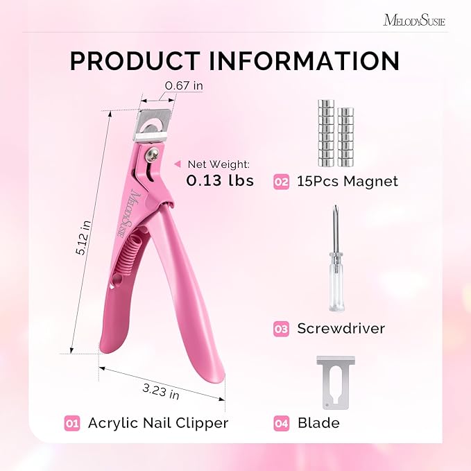 MelodySusie Acrylic Nail Clippers with 15pcs Magnet Sizers, Professional Nail Clippers Cutters for Long Acrylic Gel Nails Tips, Adjustable Stainless Nail Trimmer, Manicure Tool for Salon Home, Pink
