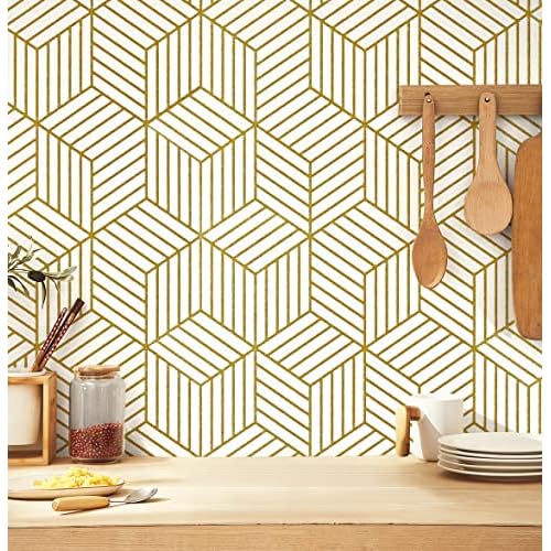 Geometric Wallpaper Peel and Stick Wallpaper Removable Self Adhesive Wall paper White/Gold Striped Hexagon Contact Paper for Cabinets Shelf Drawer Liner Renter Friendly Vinyl Roll 17.7"x118.1" Upgrade