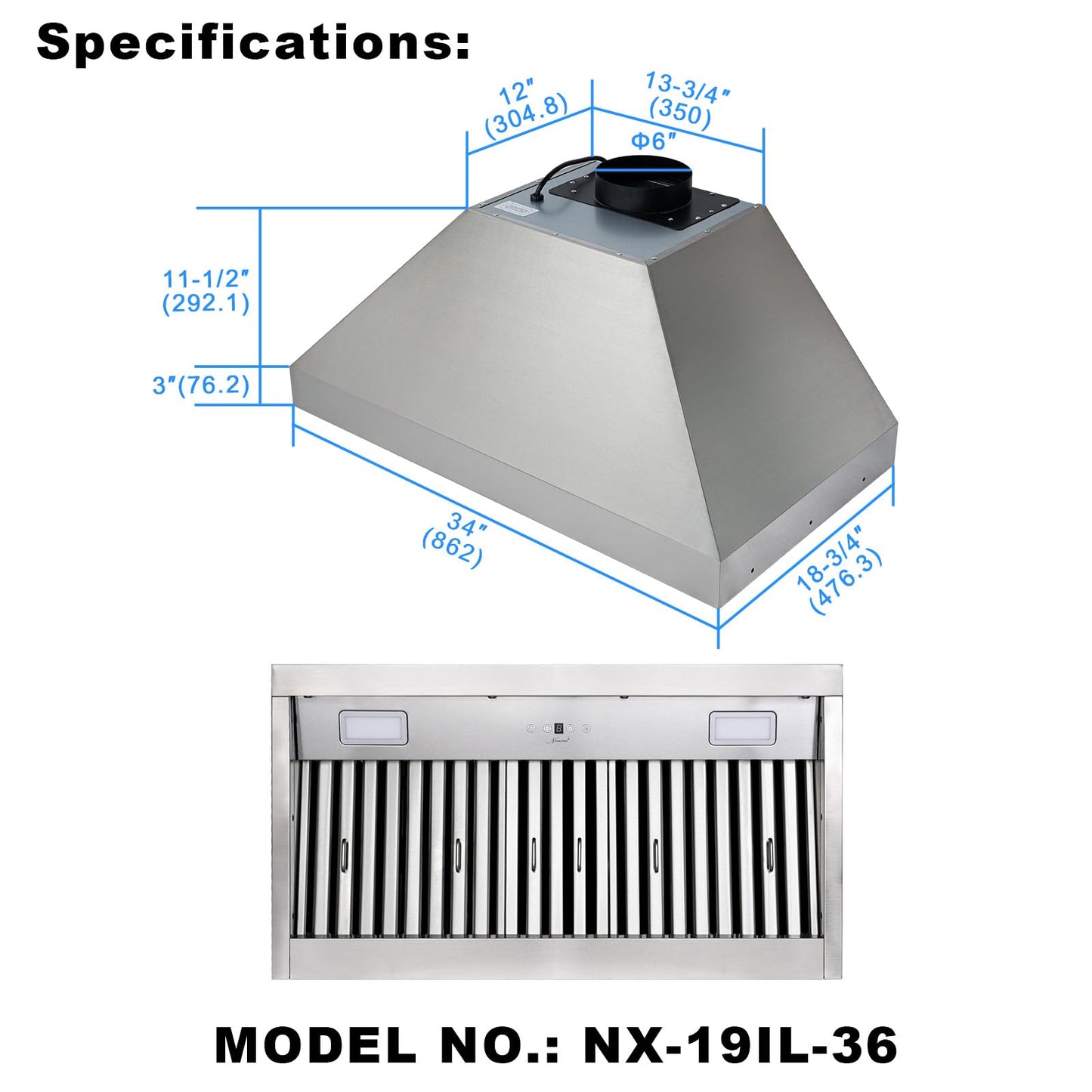 Akicon Range Hood Insert 36 Inch, Ultra Quiet, Powerful Suction Built-in Kitchen Vent Hood, Stainless Steel Ducted Stove Hood with Dimmable LED Lights, 4-Speed 600CFM