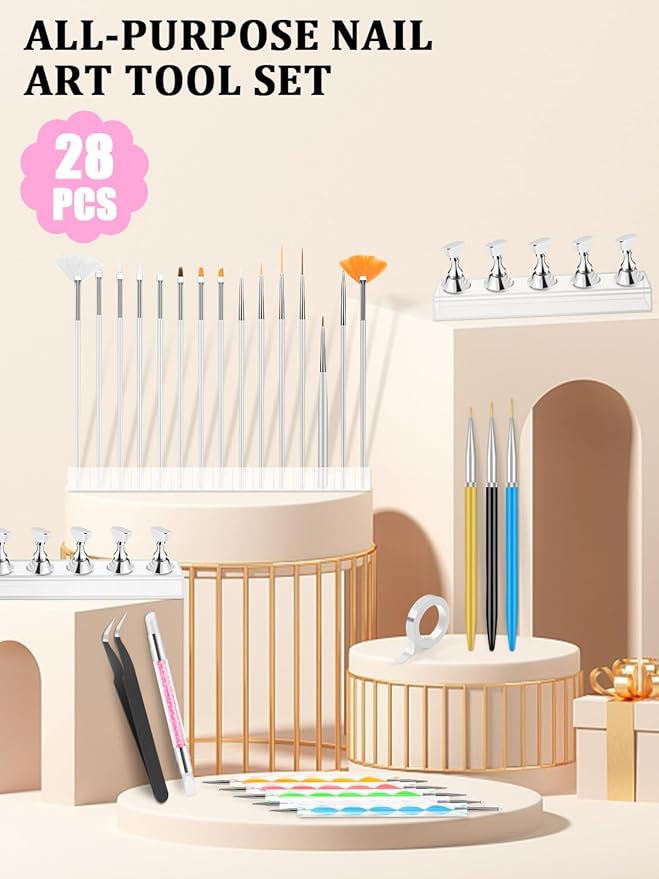 Nail Art Tools Set, Nail Stand for Press on Holder for Painting Nails, Nail Art Brushes, Liner Brushes, Nail Dotting Tool, Must Haves Design Tools Supplies Kit for Nail Tech & Beginners (White)