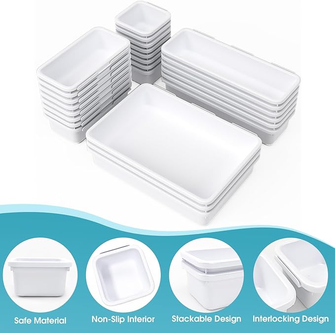 25 PCS Drawer Organizer Set, 4 Size Makeup Drawer Divider Organizer With Non-Slip Pads, Interlocking Plastic Storage Bins for Office,Jewelry Vanity,Gadgets, Bathroom,Kitchen, White