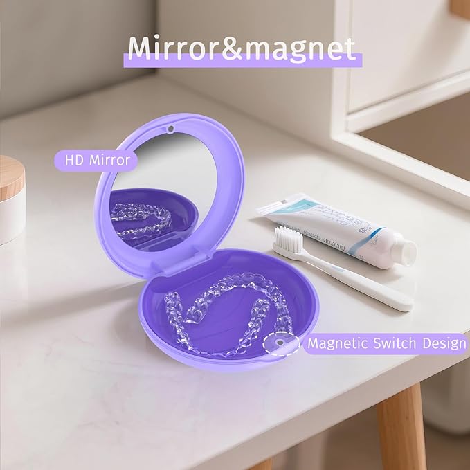 2 Pack Retainer Case with Mirror, Compatible with Invisalign, Slim Aligner Case for Travel, Includes Removal Tools, Seaters & Brush, Magnetic Secure Closure Retainer Box - Purple