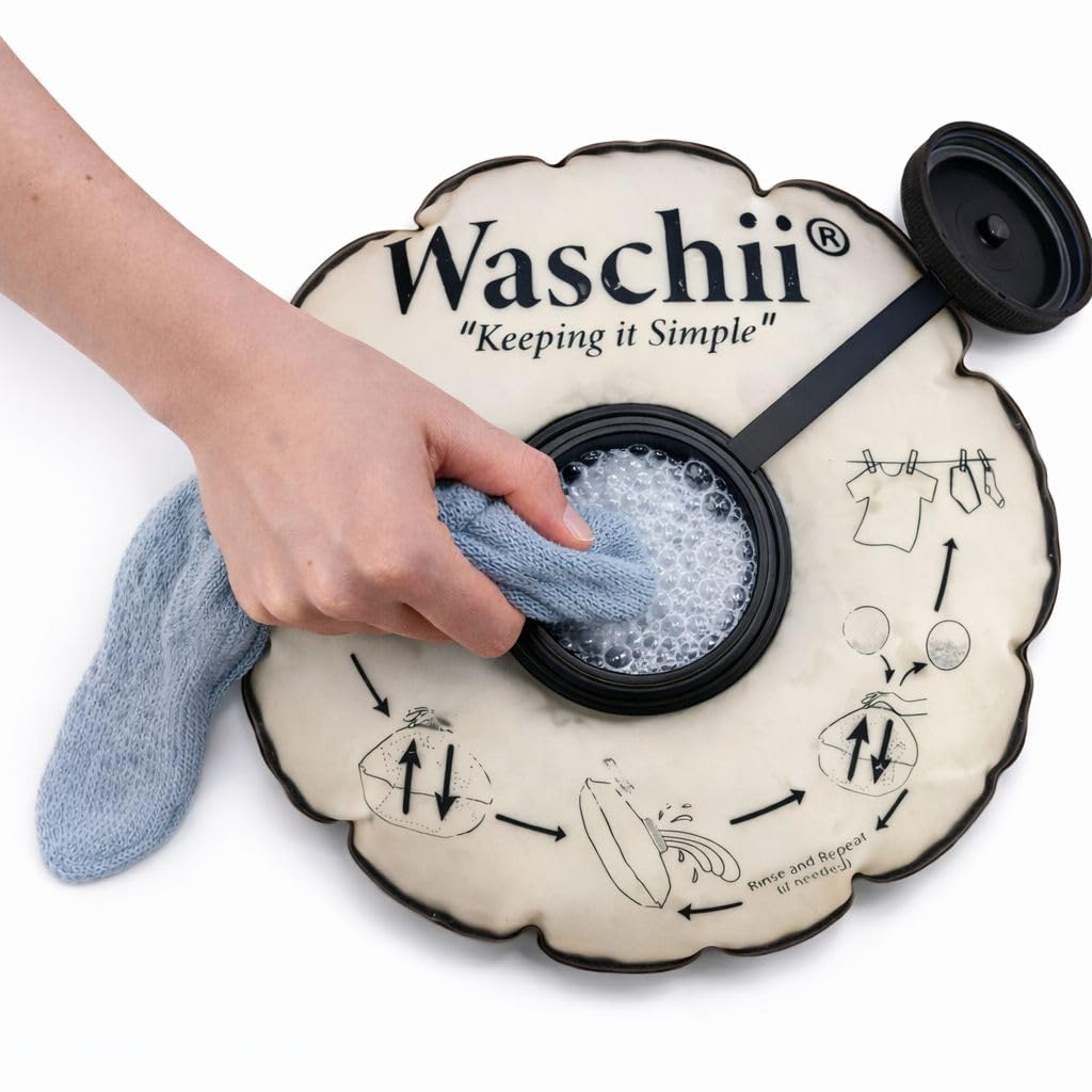 Waschii Pocket-Sized Travel Clothes Washer for Camping, Hostels & Vanlife – Compact, Leakproof, Eco-Friendly – No Power or Sink Needed