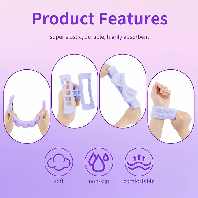 Canitor Spa Headband Wrist Bands Hair Clips Set Skincare Makeup Self Skin Care for Women Washing Face Teens Teenager Tween Clean Girl Gifts Cute Trendy Stuff Things Purple Stocking Stuffers
