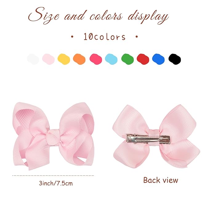20PCS 3 Inch Hair Bows for Girls Grosgrain Ribbon Toddler Hair Accessories with Alligator Clips for Toddlers Baby Girls Kids Teens in Pairs