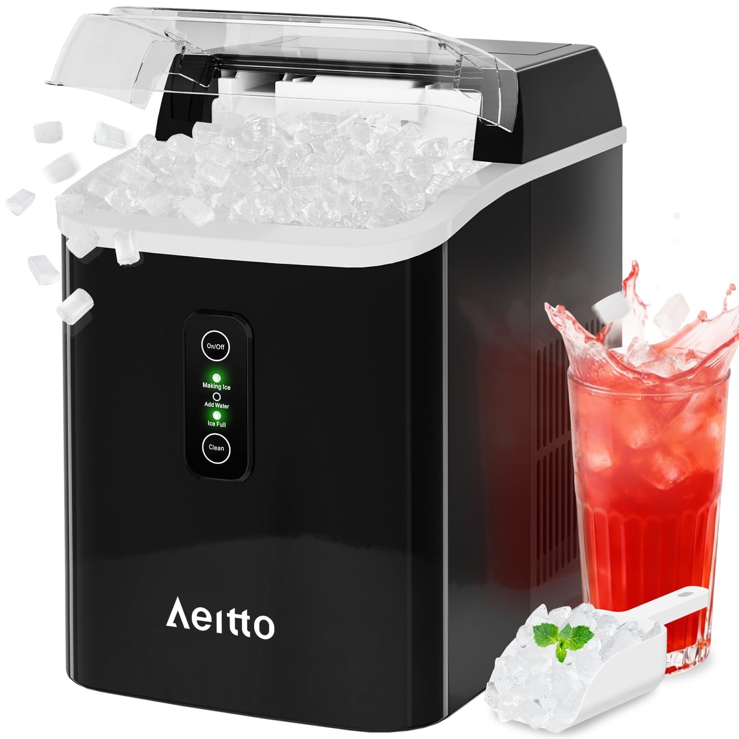 Aeitto Nugget Ice Maker Countertop, 42lbs/24H Ice Machine with 1.5L Water Tank, Rapid Ice Release in 6 Mins, Self-Cleaning Pebble Ice Maker with Basket and Scoop for Home Office RV and Party, Black