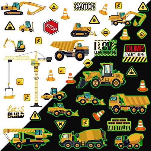 Glow in The Dark Construction Wall Decals, 39 Pcs Luminous Cartoon Wall Stickers Decals Glowing Self-Adhesive Truck Car Excavator Stickers for Ceiling Decor Nursery Bedroom Playroom Decor Boys Gifts