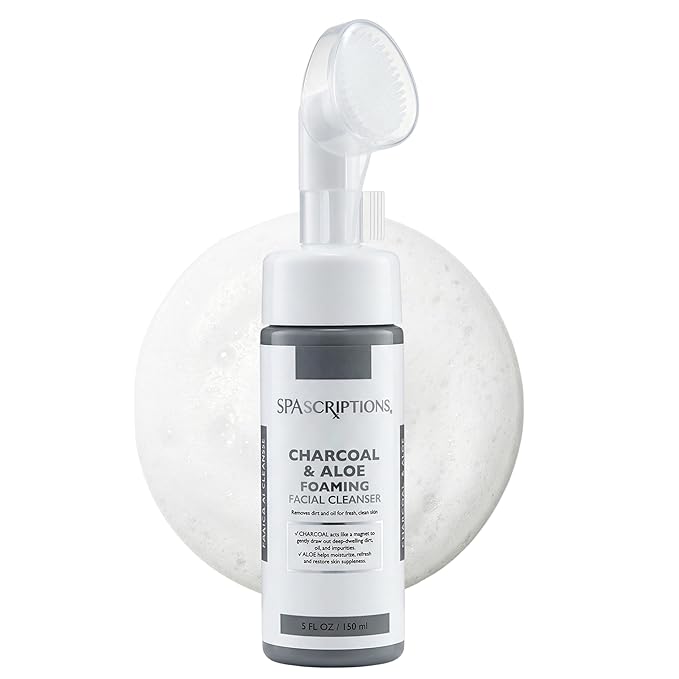 SpaScriptions 2 in 1 Cleanse & Exfoliate Foaming Facial Cleanser - Charcoal & Aloe Face Wash with Silicone Brush for Deep Cleansing & Oil Control with Hydration Support for Daily Cleansing, 5 oz