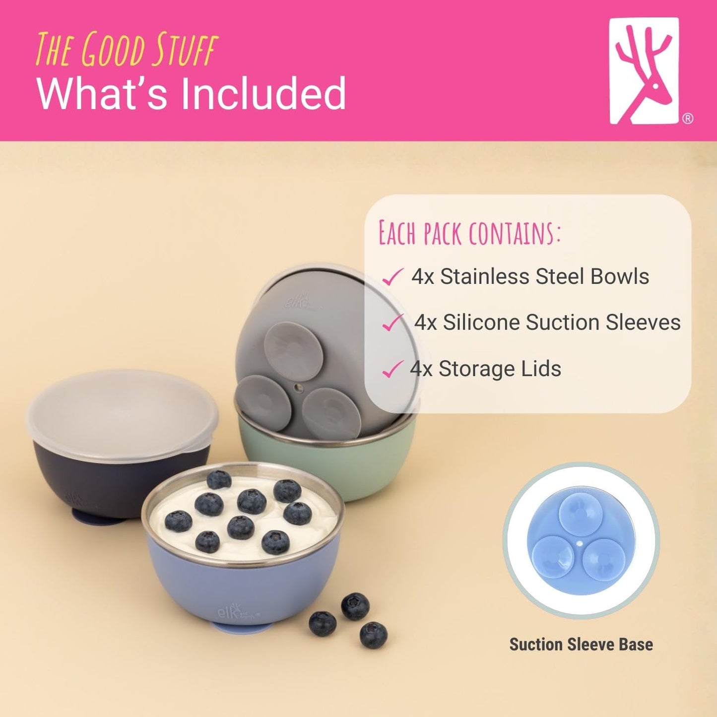Elk and Friends Stainless Steel Bowls with Silicone Sleeve for Babies & Toddlers | Lids Included | Stay Put Suction | Cereal & Snack Bowls | 4 Pack