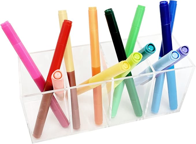HSYMQ Acrylic Pen Holder 4 Compartments Clear Pencil Holder Organizer Makeup Brush Holder