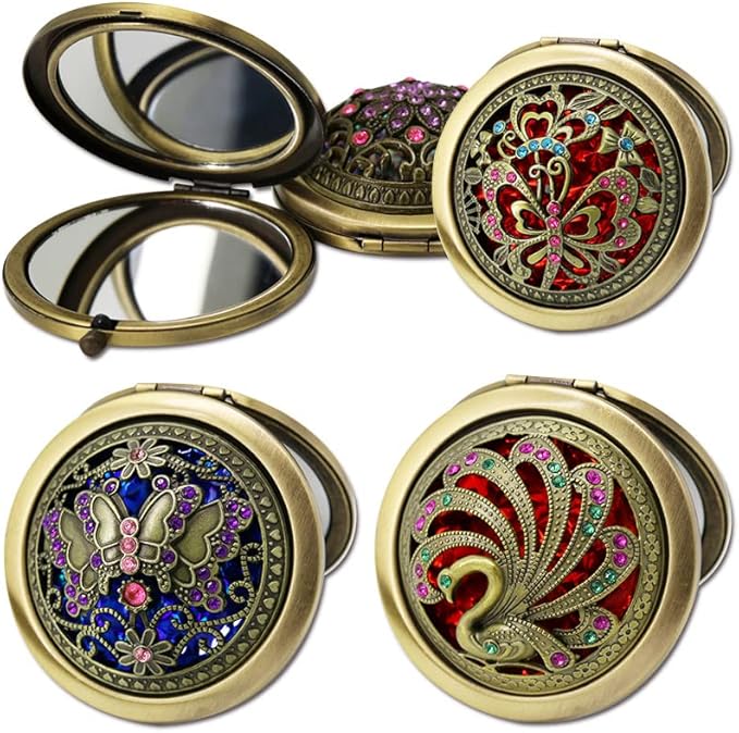 Rich Boxer 4 Pcs Vintage Foldable Mirror Metal Vanity Mirror Travel Mirror Makeup Mirror Pocket Mirror Double Sided Compact Cosmetic Mirror, Bronze, Random Style