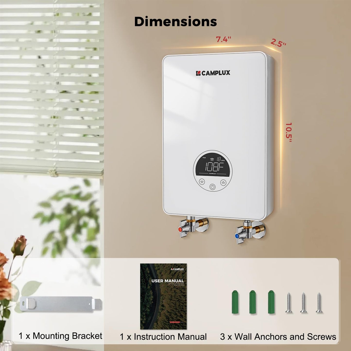 CAMPLUX Tankless Water Heater Electric 120V, 4500W Point of Use Instant Hot Water Heater, Save Space for Sink Wall Mounted LED Digital Display CSA Certified