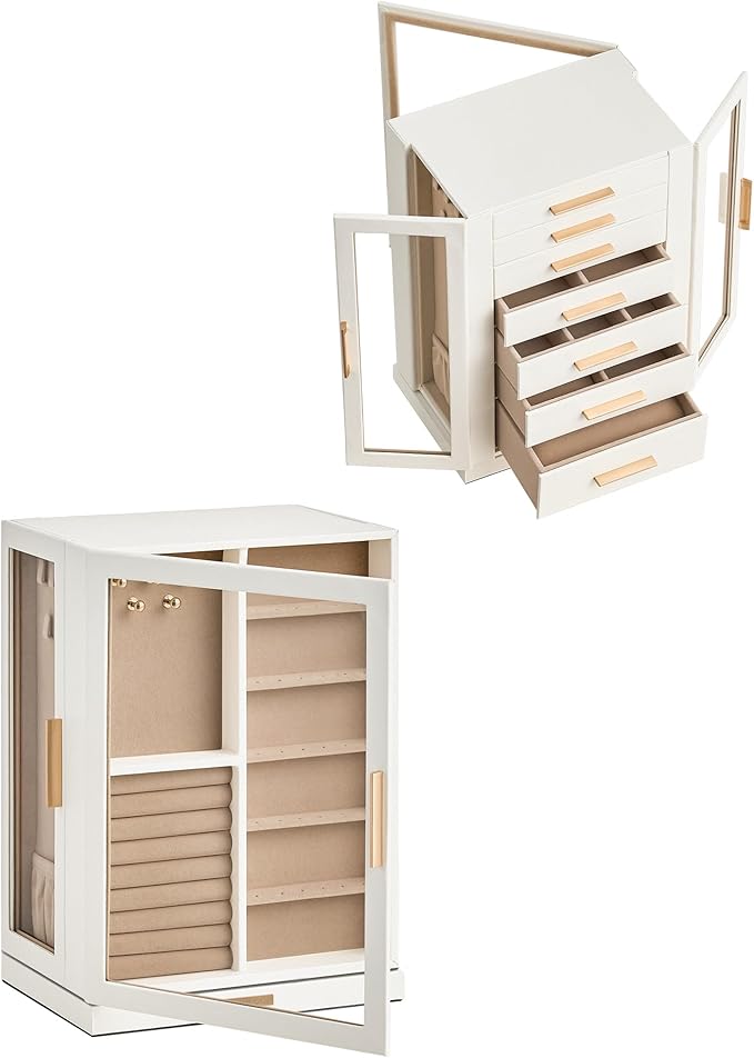 Glimmloop 360ÃÂ° Rotating Jewelry Box with 7 Drawers, Spacious Vertical Jewelry Organizer with Glass Window, Jewelry Storage Case, Dustproof & Moisture-resistant Design, White
