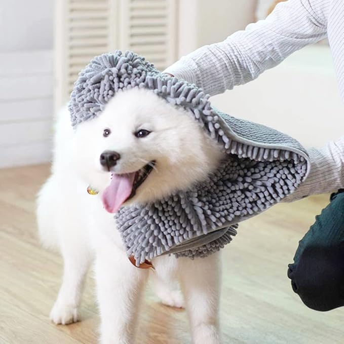 Muddy Mat Doggy Dryer, Highly Absorbent Microfiber Washable Dog Shammy Quick Drying Towel Absorber - Extra Soft Plush Wrap Chenille Bath Towels to Dry Soggy Large Pets & Small Puppy-Grey 13"x31"
