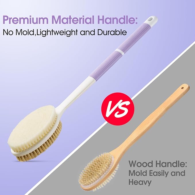 Backski Back Scrubber Anti Slip for Shower, Long Handle Bath Brush with Stiff and Soft Bristles for Exfoliation, Dual-Use Shower and Dry Body Brush(Purple)