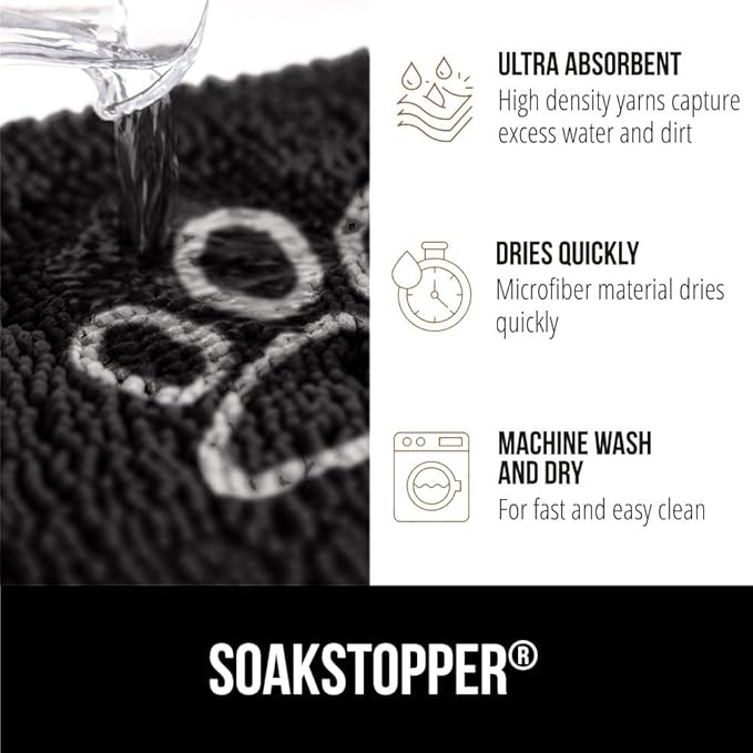 GORILLA GRIP SoakSTOPPER Dog Door Mat, 30x20 Machine Washable Rug Absorbent Doormat Captures Moisture Mud Dirt, Quick Dry Soft Chenille Entryway Rugs Indoor Entrance Mats for Dog Paws, Black White