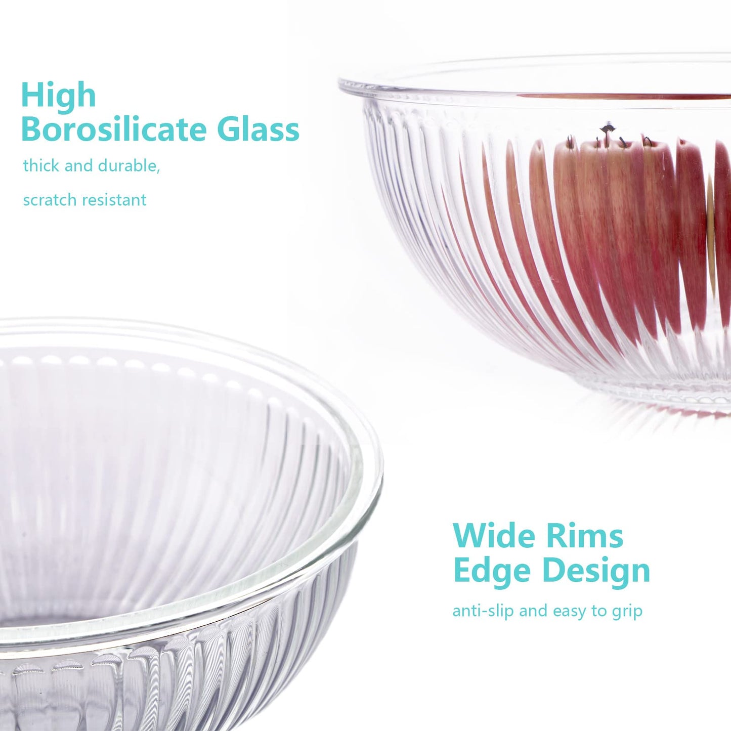 WhiteRhino Glass Mixing Bowls with Lids Set of 3(3.7QT, 2.1QT, 1.1QT),Large Kitchen Salad Bowls, Space-Saving Nesting Bowls, Clear Glass Serving Bowls for Cooking,Baking,Prepping,Dishwasher Safe
