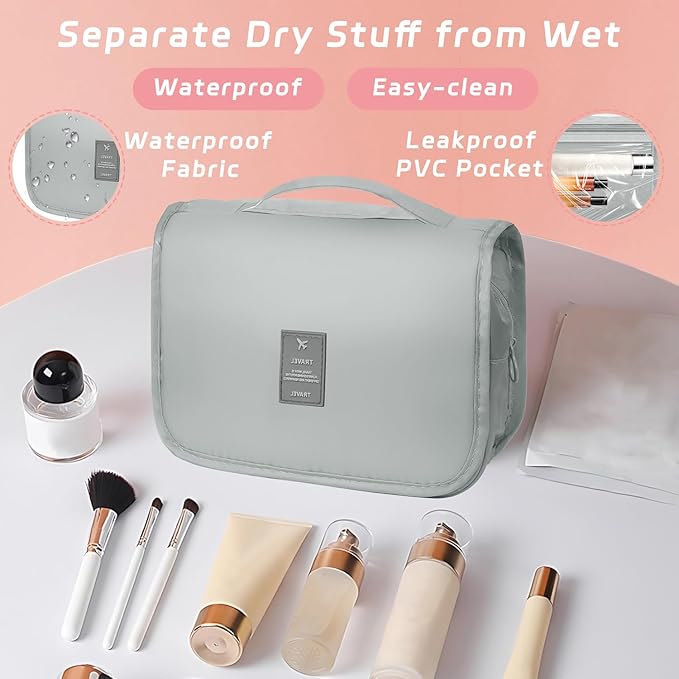 Toiletry Bag Travel Bag with Hanging Hook, Waterproof Capacity Hanging Multifunctional Makeup Bag for Toiletries, Portable Cosmetic Bag Travel Organizer for Women and Men(Light Grey)