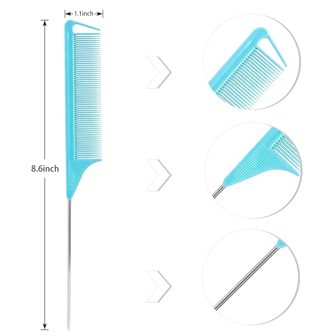 Rat Tail Comb Hair Clips Set: 3Pcs Rat Tail Combs, 7Pcs Alligator Clips (Black, Purple, Blue)