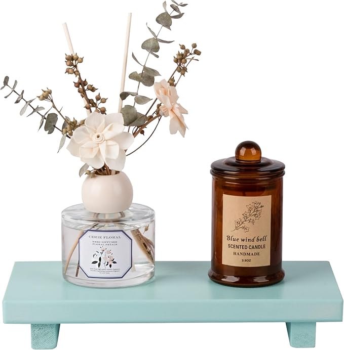 zoocatia Small Wood Tray Pedestal Stand Farmhouse Bathroom Decor Decorative Wooden Riser Kitchen Soap Dish Holder for Vanity, Counter, Sink, 10" x 4.5" - Light Blue