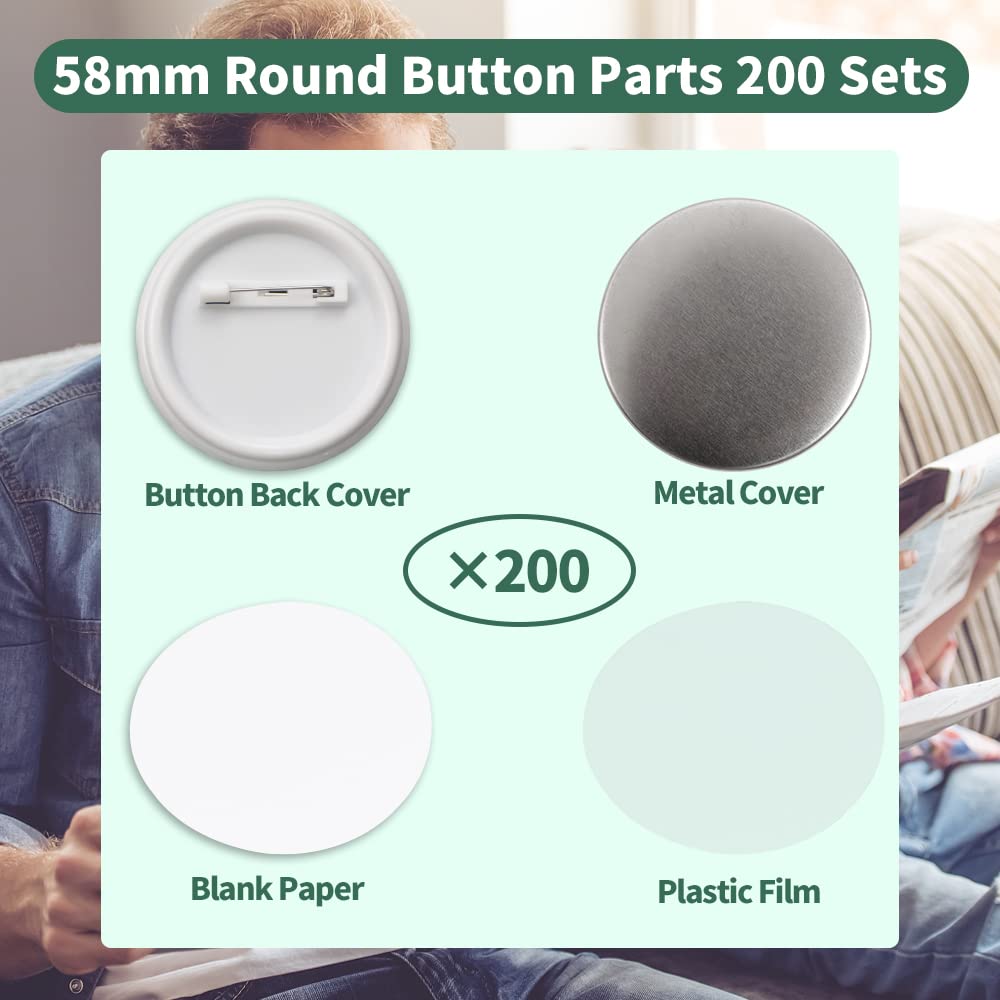 Mostme 200 Sets 58mm/2.25 inch Button Supplies Button Parts for Buttons Maker Machine 58mm, Round Badge Blank Buttons Pins, Includes Plastic Pin Back Cover, Metal Cover, Clear Film&Blank Paper