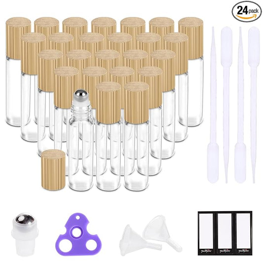 PrettyCare Essential Oil Roller Bottles 10ml (24 Pack Clear Glass Bottle with Bamboo Lid, 4 Extra Roller Balls，48 Labels, 2 Openers, 2 Funnels, 4 Droppers, Roller Balls For Essential Oils