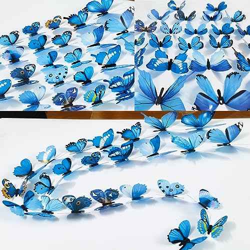 Ewong 60Pcs 3D Butterfly Wall Decor, Decoration Party Birthday Cake Waterproof Removable Mural Sticker, Butterflies Wall Art Home Decals Living Room Bathroom Bedroom Office Decorative (Blue)